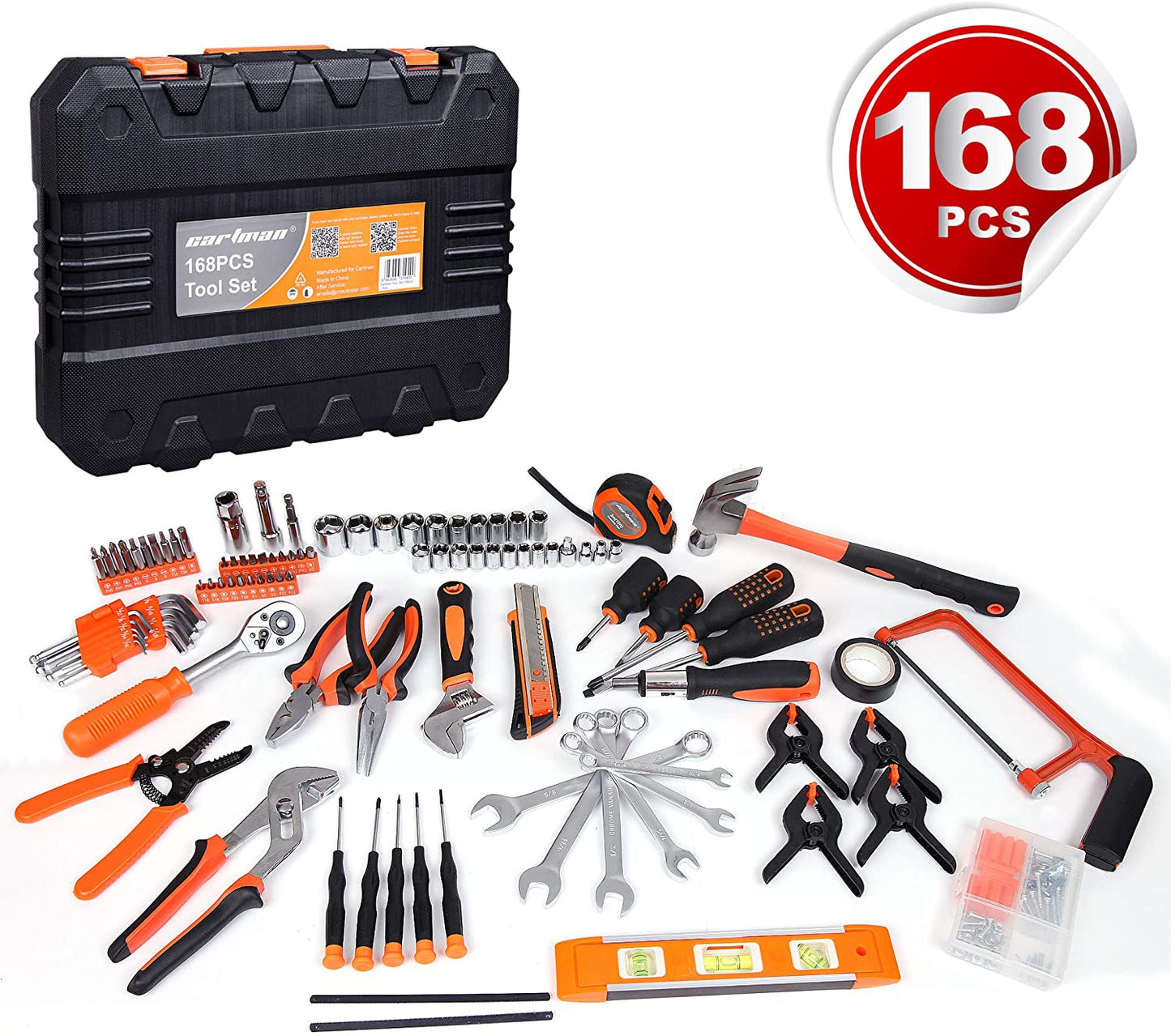 CARTMAN Tool Set 168Pcs Orange General Household Hand Tool Kit with Plastic Toolbox Electricians Tools in Storage Case